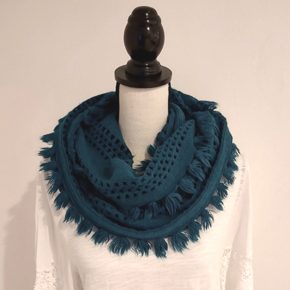 Infinity Scarf Aqua Blue Green Tassel Boho Fairy Forest Fringe